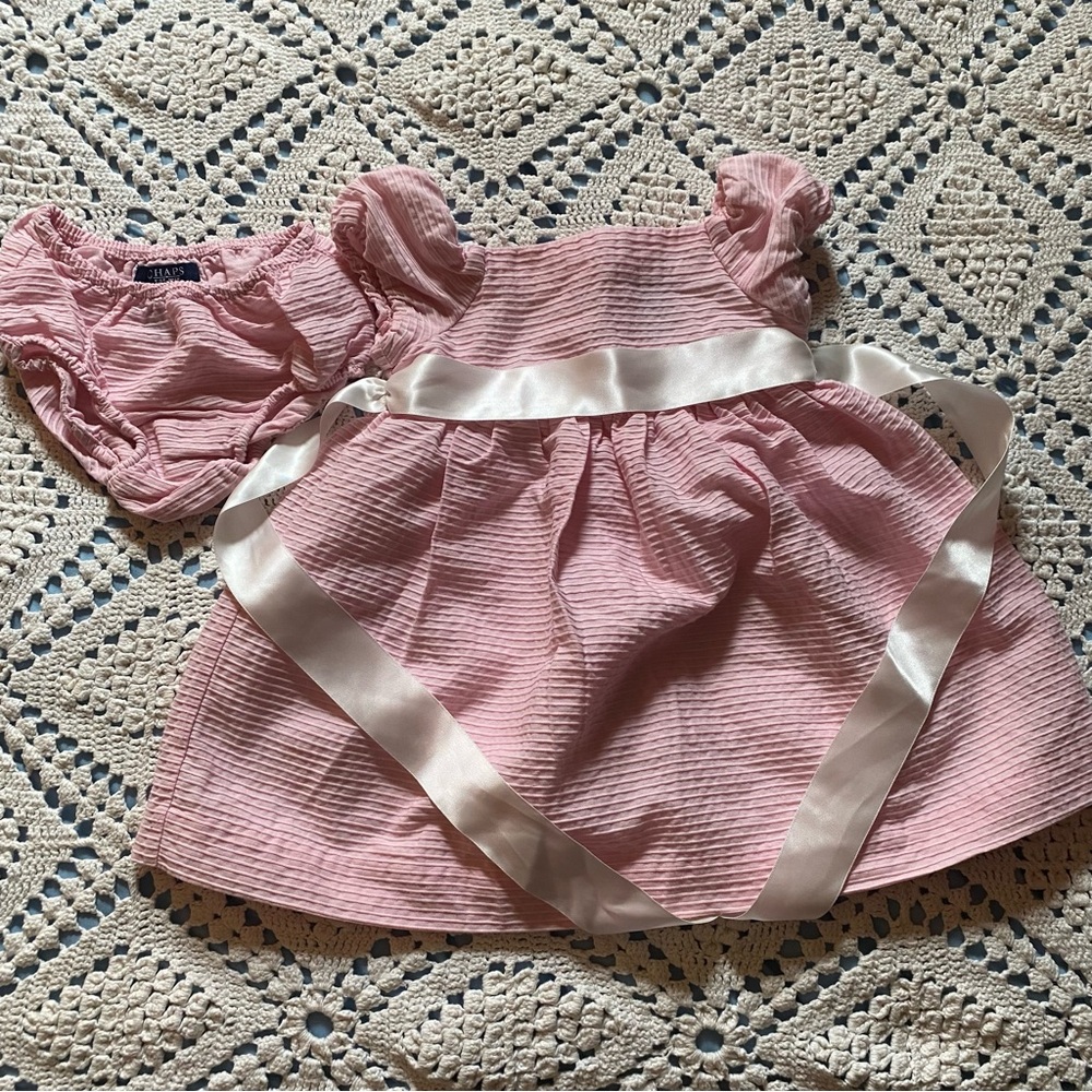 Pink Baby toddler Dress with White diaper cover Ribbon chaps size 18 m 18m